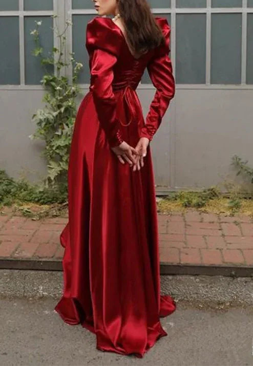Vestido de fiesta elegante de satén rojo con escote cuadrado y corte en línea A Y7855