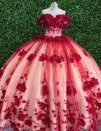 Abito da ballo su misura con fiori tridimensionali rossi in pizzo, scollo a spalle scoperte, per Quinceañera Y6956