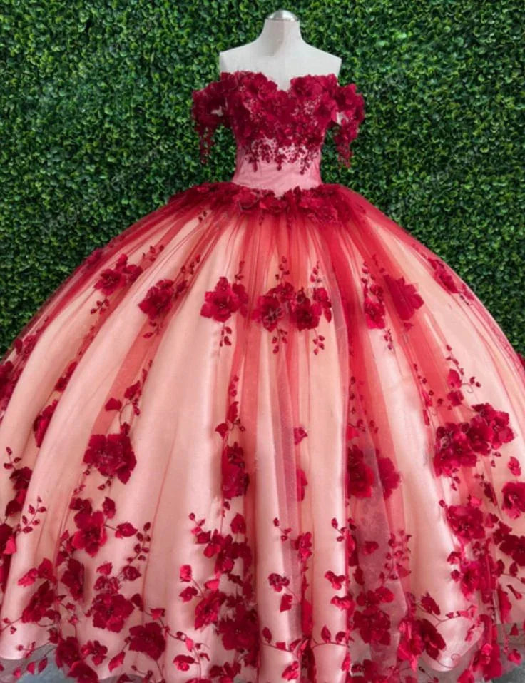 Abito da ballo su misura con fiori tridimensionali rossi in pizzo, scollo a spalle scoperte, per Quinceañera Y6956