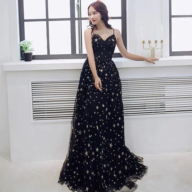 Abito lungo da festa in tulle nero con scollo a cuore, elegante abito da sera nero, abito da ballo Y1159