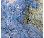 Abito da ballo blu con spalle scoperte, vestito da festa scintillante con fiori S26908