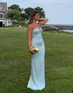 Vestido largo de noche ajustado azul con cuello halter sexy Vestido de dama de honor Y8233