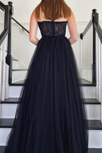Vestido de Gala Longo Preto de Tule e Renda Sem Alças, Vestido de Noite Preto de Renda, Vestido de Noite Preto Y205