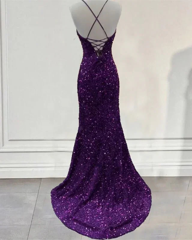 Abito da sera formale viola scuro con paillettes, modello sirena, con spacco Y5639