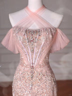 Elegante abito da sera lungo color rosa con scollo all'americana, paillettes, perline e tulle, modello sirena, abito da ballo Y8620