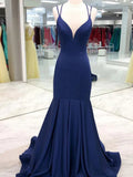 Vestidos de Baile de Gola em V Sereia Azul Marinho Escuro, Vestidos de Noite Formais Longos Sereia Azul Marinho Y234