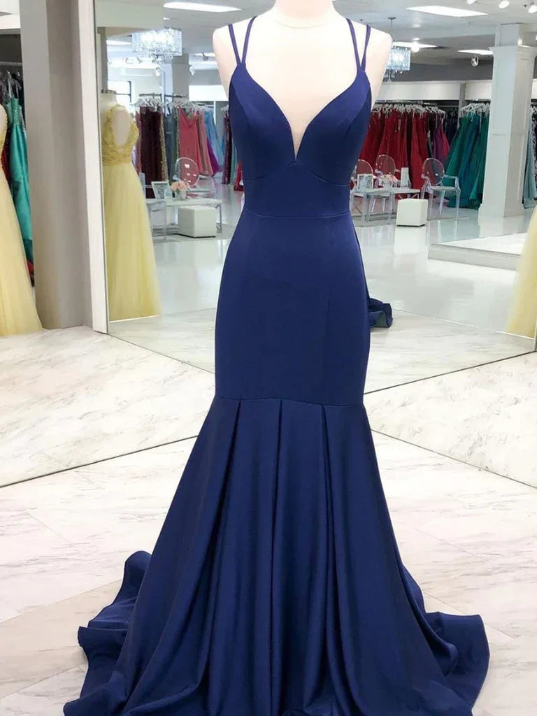 Vestidos de Baile de Gola em V Sereia Azul Marinho Escuro, Vestidos de Noite Formais Longos Sereia Azul Marinho Y234