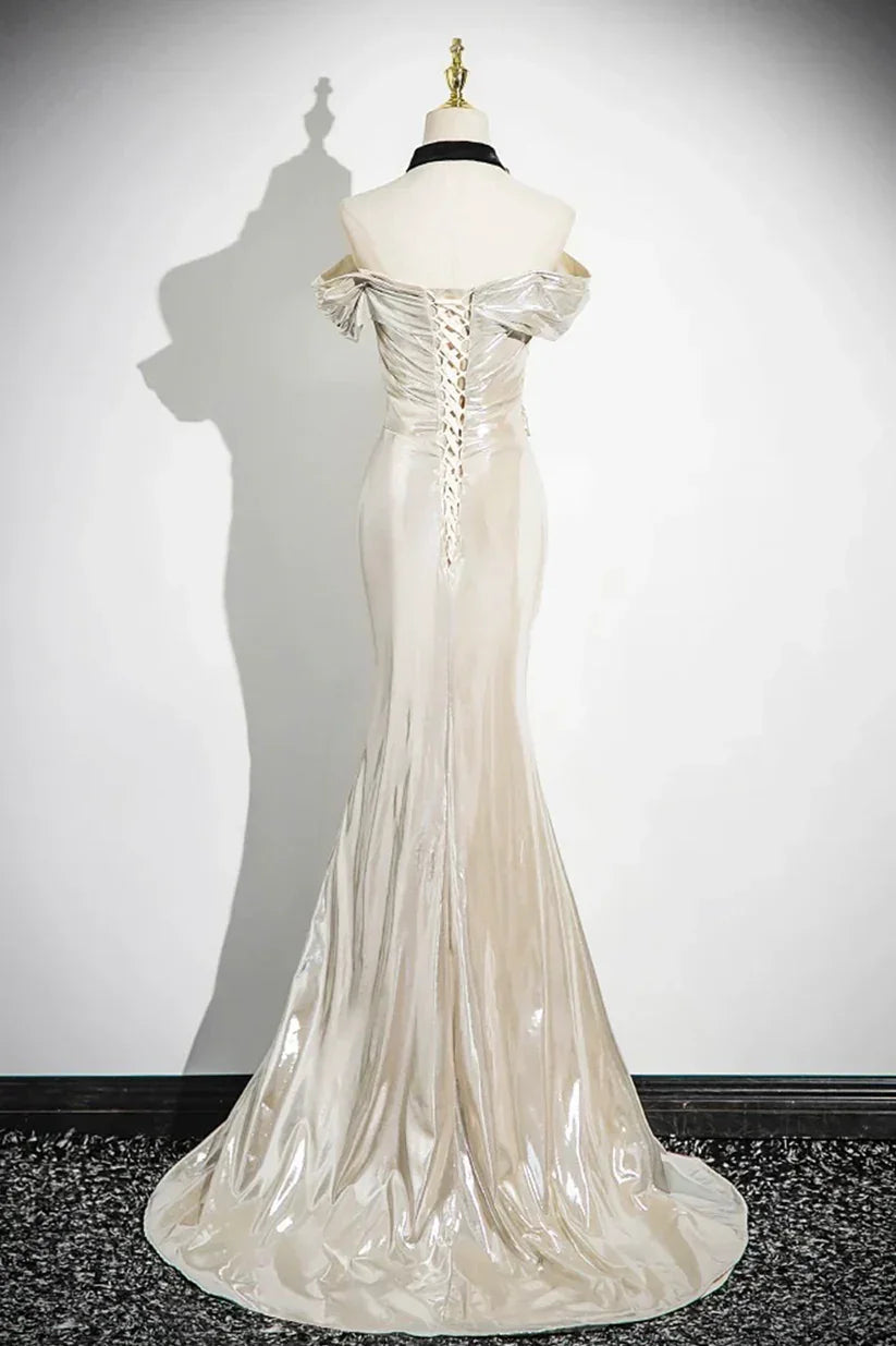 Vestido de Festa de Cetim com Ombros Descobertos e Brilho Encantador, Modelo Sereia Y8202