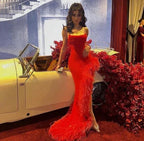 Sexy Mermaid Straps Red Prom Dress With Feathers,Long Evening Dress Y7901