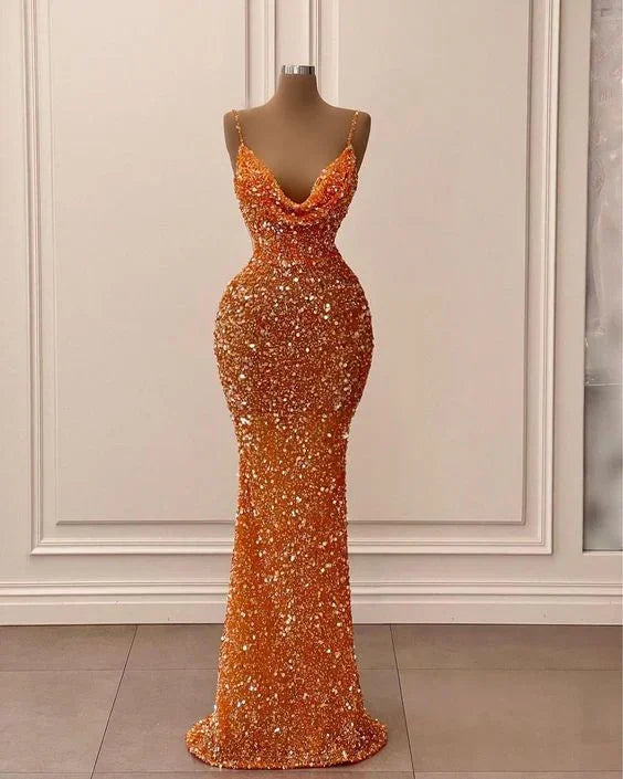 Abito da sera arancione con spalline sottili, scintillante, a sirena, con glitter Y6105