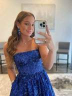 Robe longue de bal en tulle bleu à sequins, robe de soirée en tulle bleu Y3065