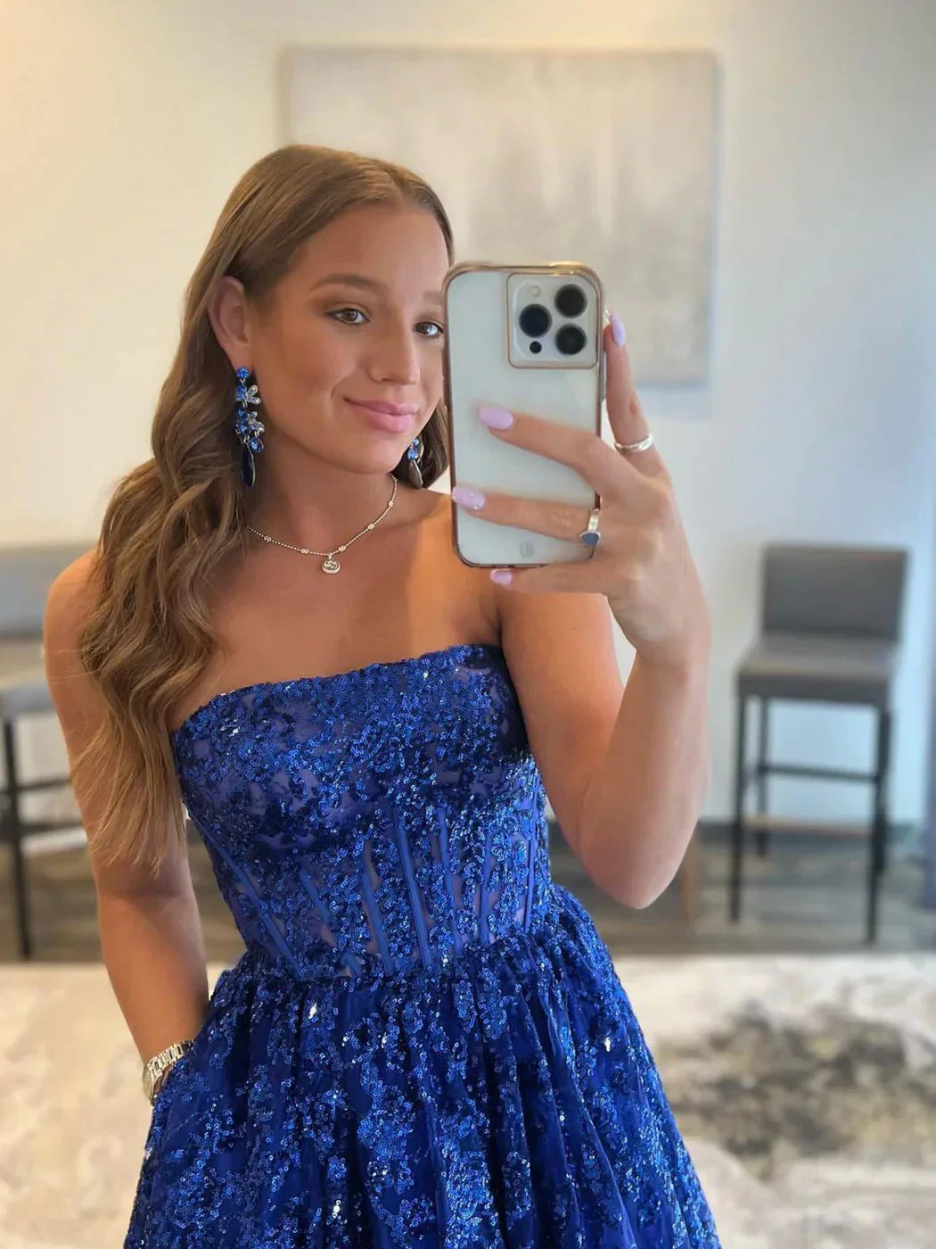 Robe longue de bal en tulle bleu à sequins, robe de soirée en tulle bleu Y3065