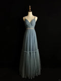 Robe de soirée simple en tulle bleu perlé, coupe évasée, bretelles fines, col en V, robe de bal Y8649