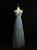 Robe de soirée simple en tulle bleu perlé, coupe évasée, bretelles fines, col en V, robe de bal Y8649