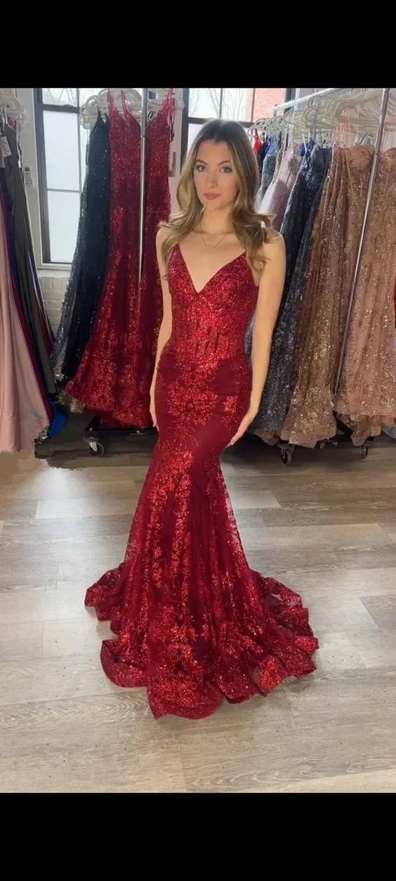 Abito da sera rosso a sirena con scollo a V Rosso Vestito da cerimonia Y5967
