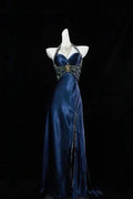 Gorgeous Halter Satin Beaded Slit Evening Dress Formal Party Prom Dress Y7927