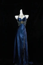 Gorgeous Halter Satin Beaded Slit Evening Dress Formal Party Prom Dress Y7927