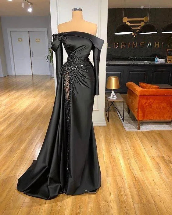 vestido longo de cetim preto para baile vestido de noite sereia Y80