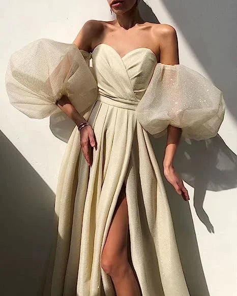 Abiti da sera lunghi romantici da fata con maniche a sbuffo, spacco e glitter per donna, Y2420