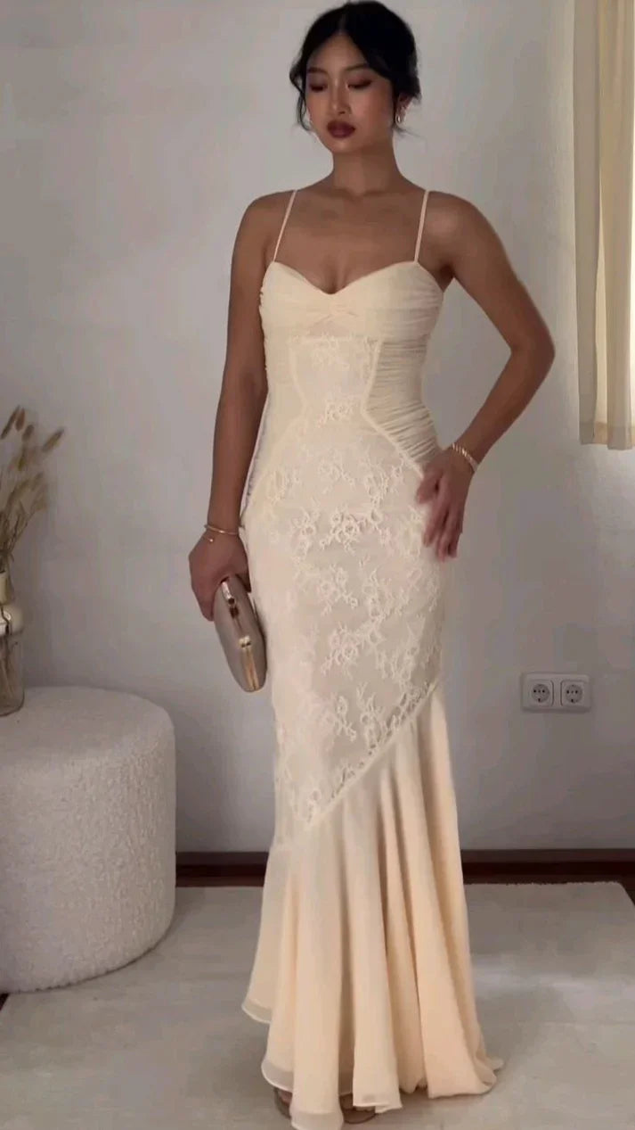 Vestido de noche sexy de encaje de gasa con tirantes finos estilo sirena para fiesta y baile de graduación Y8077