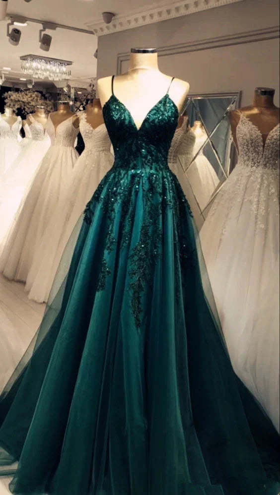 Bellissimo abito da sera verde con spalline sottili, applicazioni in pizzo di tulle, abito da ballo Y7922