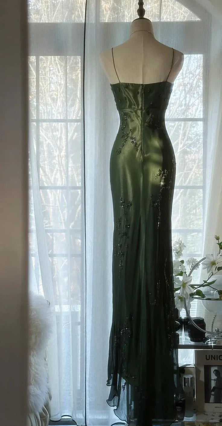 Abito da sera lungo aderente vintage verde scuro in raso con perline per ballo di fine anno Y8557