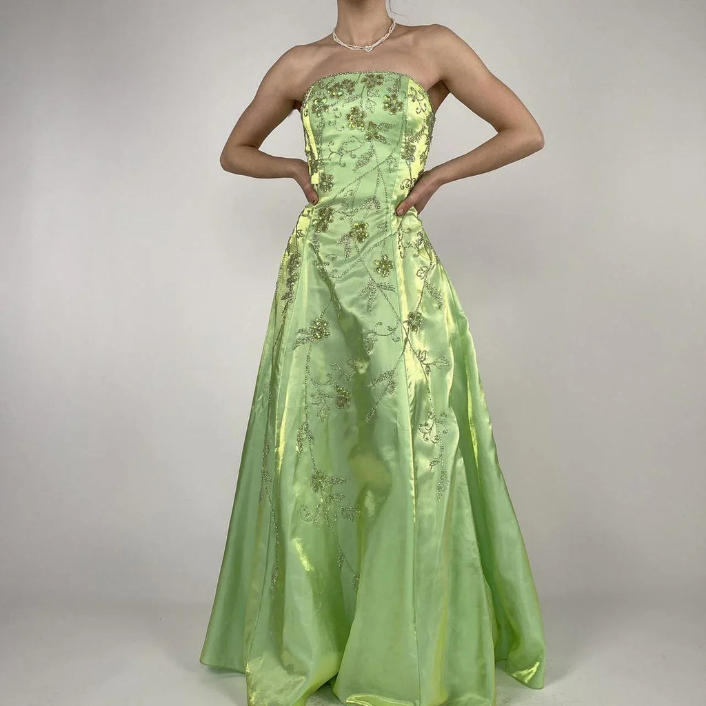 Abito da sera verde in raso senza spalline con perline, linea a trapezio, modello Y8412