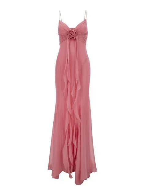 Robe de bal vintage en mousseline rose à fines bretelles style sirène Y8494
