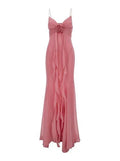Robe de bal vintage en mousseline rose à fines bretelles style sirène Y8494