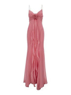 Robe de bal vintage en mousseline rose à fines bretelles style sirène Y8494