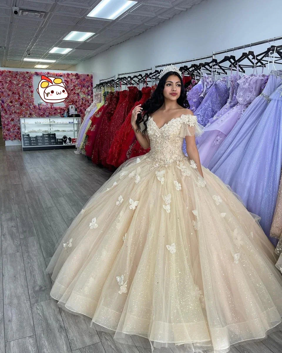 Vestido de Quinceañera con Hombros Descubiertos y Mariposas, Vestido para Dulce 16, Vestido de Gala Brillante, Y2410