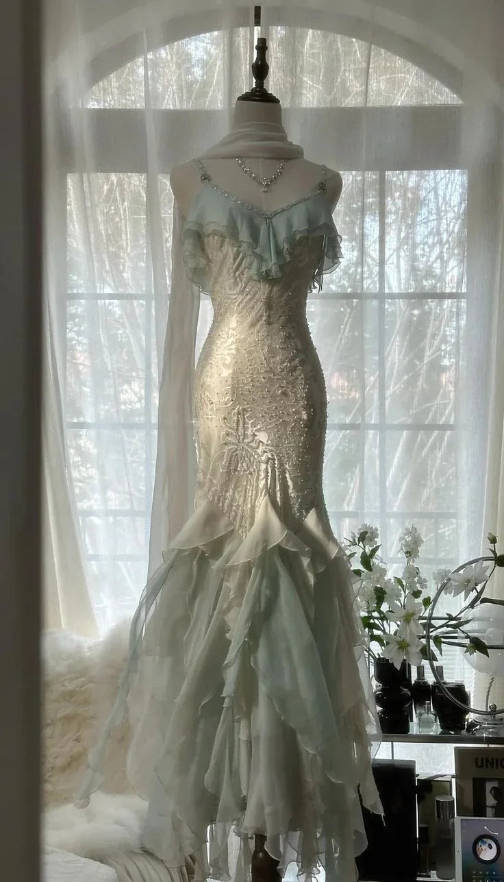 Abito da sera formale elegante verde menta temperamento sirena con spalline sottili in chiffon e perline, abito da ballo Y8546