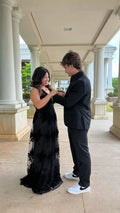 Robe de bal noire en ligne A à col en V Robe de soirée noire Y6517