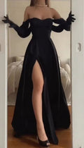 Vestito lungo da sera nero alla moda a linea ad A con spacco Y4064