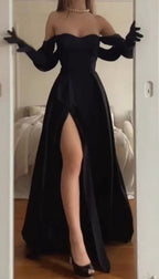 Vestito lungo da sera nero alla moda a linea ad A con spacco Y4064