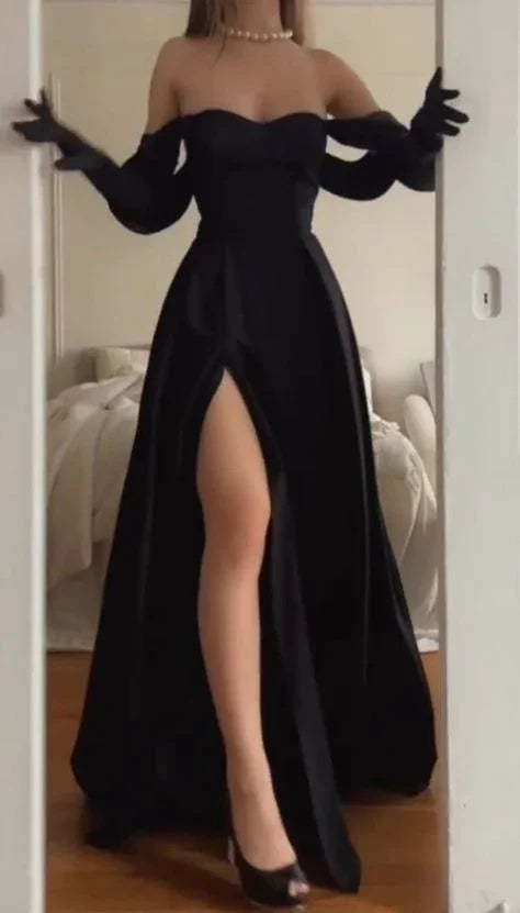 Vestito lungo da sera nero alla moda a linea ad A con spacco Y4064