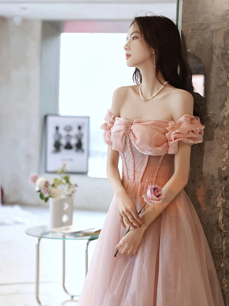 Vestido largo de fiesta rosa con cuello corazón, tul y cuentas, vestido de noche rosa, Y2406