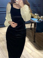 Abito in velluto nero elegante invernale con scollo a V, cuciture a vista, vita alta retrò e maniche a sbuffo, abito da sera femminile Y5673