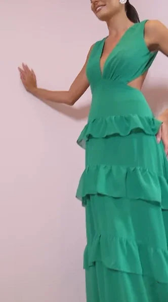 Abito da sera verde smeraldo con scollo a V profondo, balze sovrapposte, senza schiena, lungo, da ballo Y8386