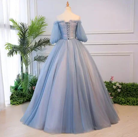 Vestido longo único de renda em tule azul para baile vestido de noite azul S13770