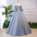 Vestido longo único de renda em tule azul para baile vestido de noite azul S13770