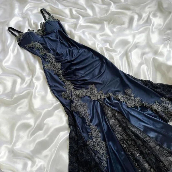 Vestido de Noite Sereia com Aplicações de Renda em Cetim Azul Marinho Vintage Vestido de Baile Y8497