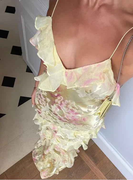 Abito da sera incantevole con spalline sottili romantiche, scollo a V, chiffon stampato, abito da ballo Y2306