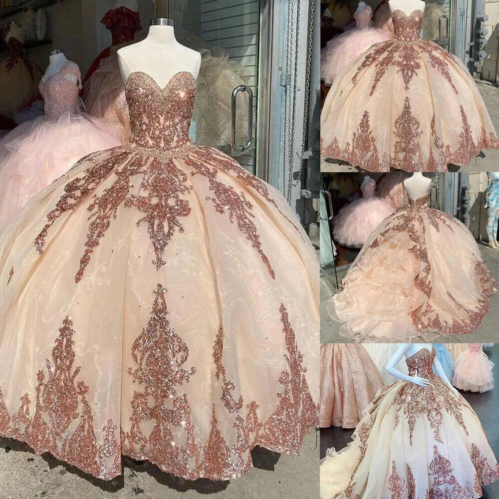 Abiti da ballo color oro rosa per dolce sedicesimo e quinceañera con paillettes e applicazioni, scollo a cuore Y401