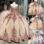 Abiti da ballo color oro rosa per dolce sedicesimo e quinceañera con paillettes e applicazioni, scollo a cuore Y401