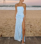Chic Blue Strapless Satin Print Floral Long Prom Dress Sheath Slit Evening Dress Y8152