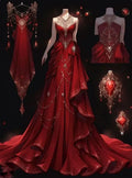 Vestido de Noite Formal Sereia Vermelho Deslumbrante em Cetim com Contas Y8328
