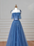 Vestito da sera lungo a linea ad A con spalline sottili blu, tulle e paillettes Y8634