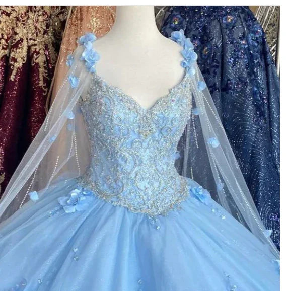 Abito a palloncino in tulle con fiori blu, elegante vestito da ballo S26907