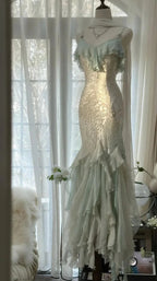 Abito da sera formale elegante verde menta temperamento sirena con spalline sottili in chiffon e perline, abito da ballo Y8546